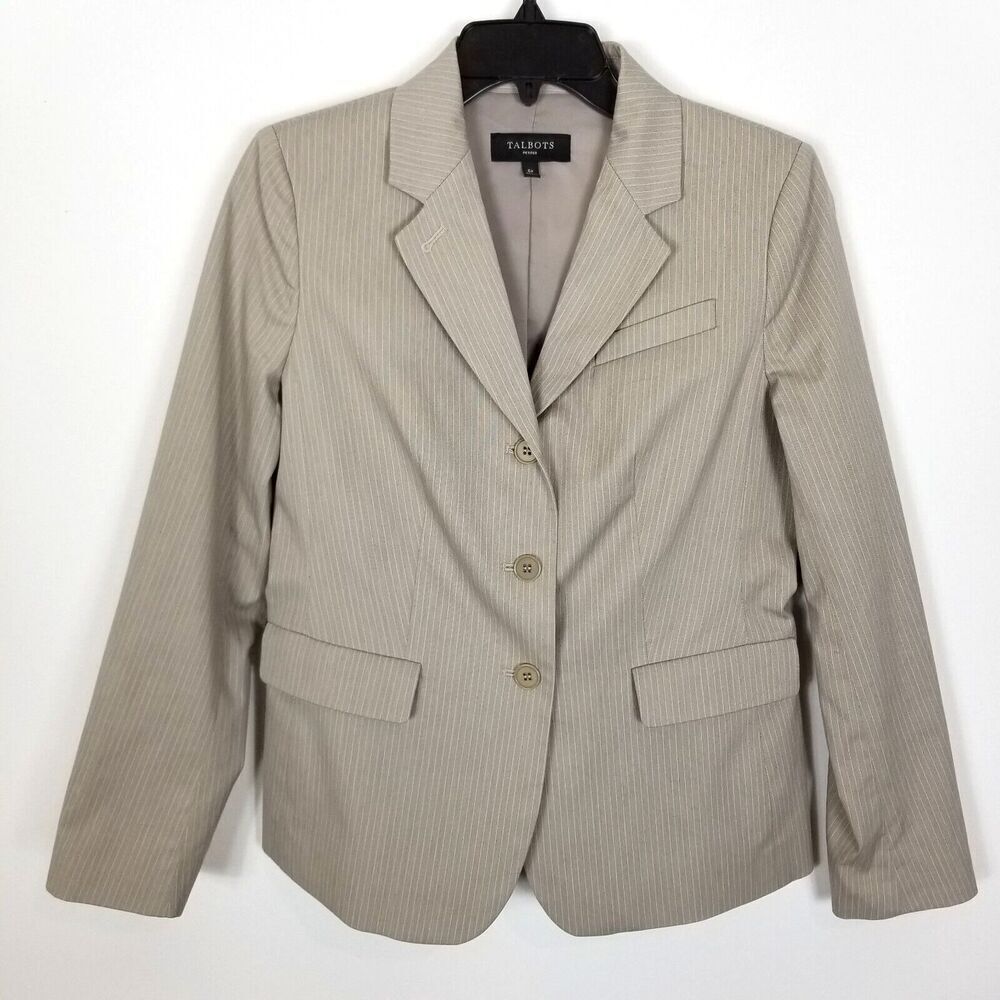 Talbots Women Beige Pinstripe Blazer Jacket Sz 6 Petite‎ Button Up Preppy Office